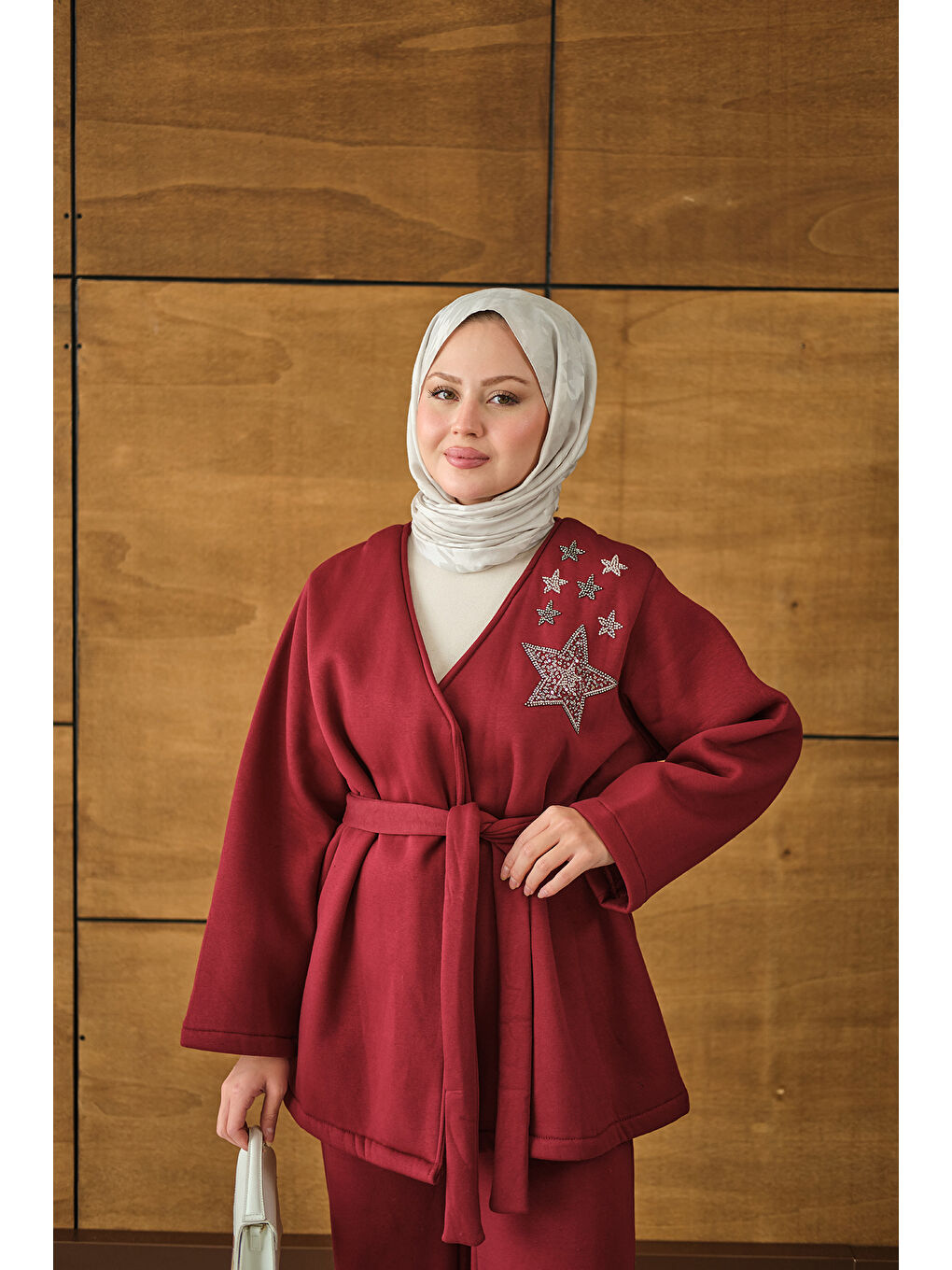 Kadın Omzu Yıldız Detaylı Bel Bağlamalı Takım Bordo-3