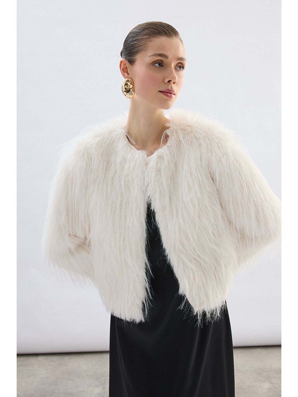 Bisiklet Yaka Suni Kürk - Ekru-4