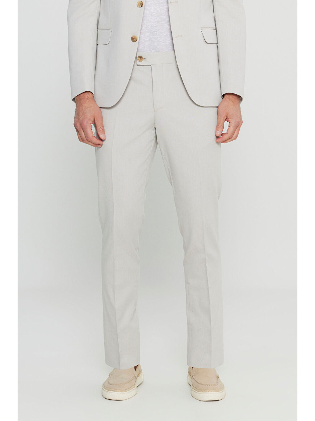 Erkek Bej Pamuklu Slim Fit Dar Kesim Mono Yaka Diagonal Desenli Kapak Cepli Takım Elbise-3