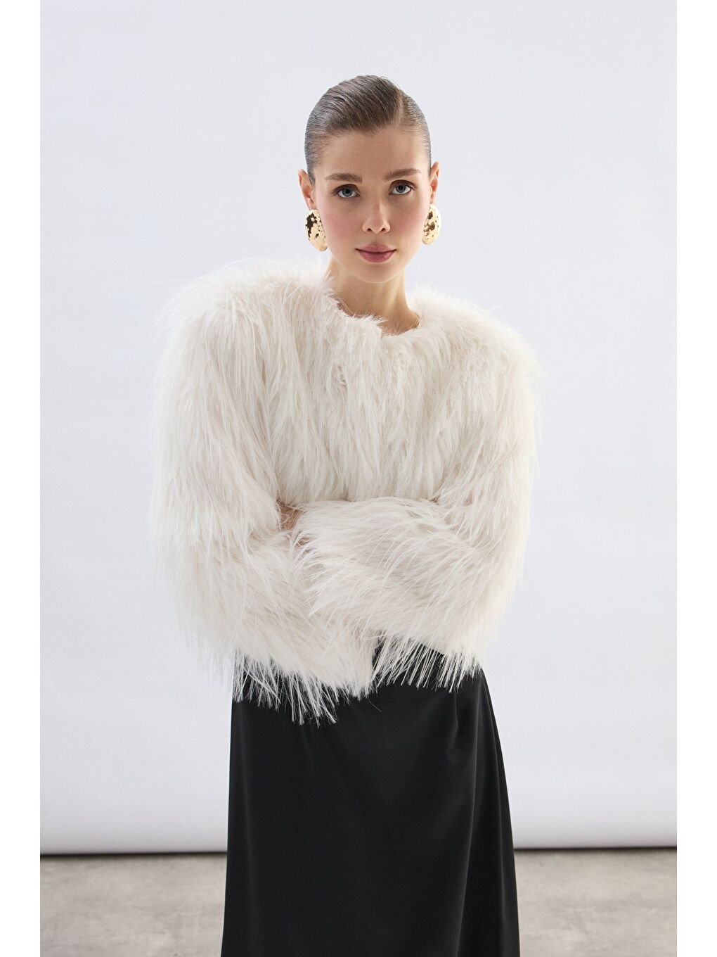 Bisiklet Yaka Suni Kürk - Ekru-5