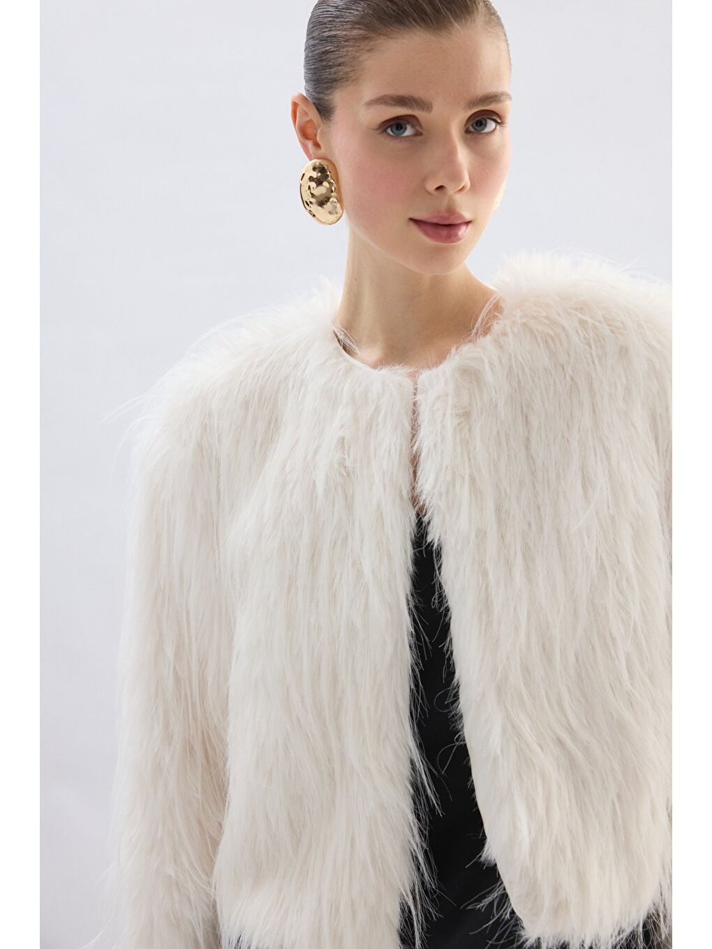 Bisiklet Yaka Suni Kürk - Ekru-6