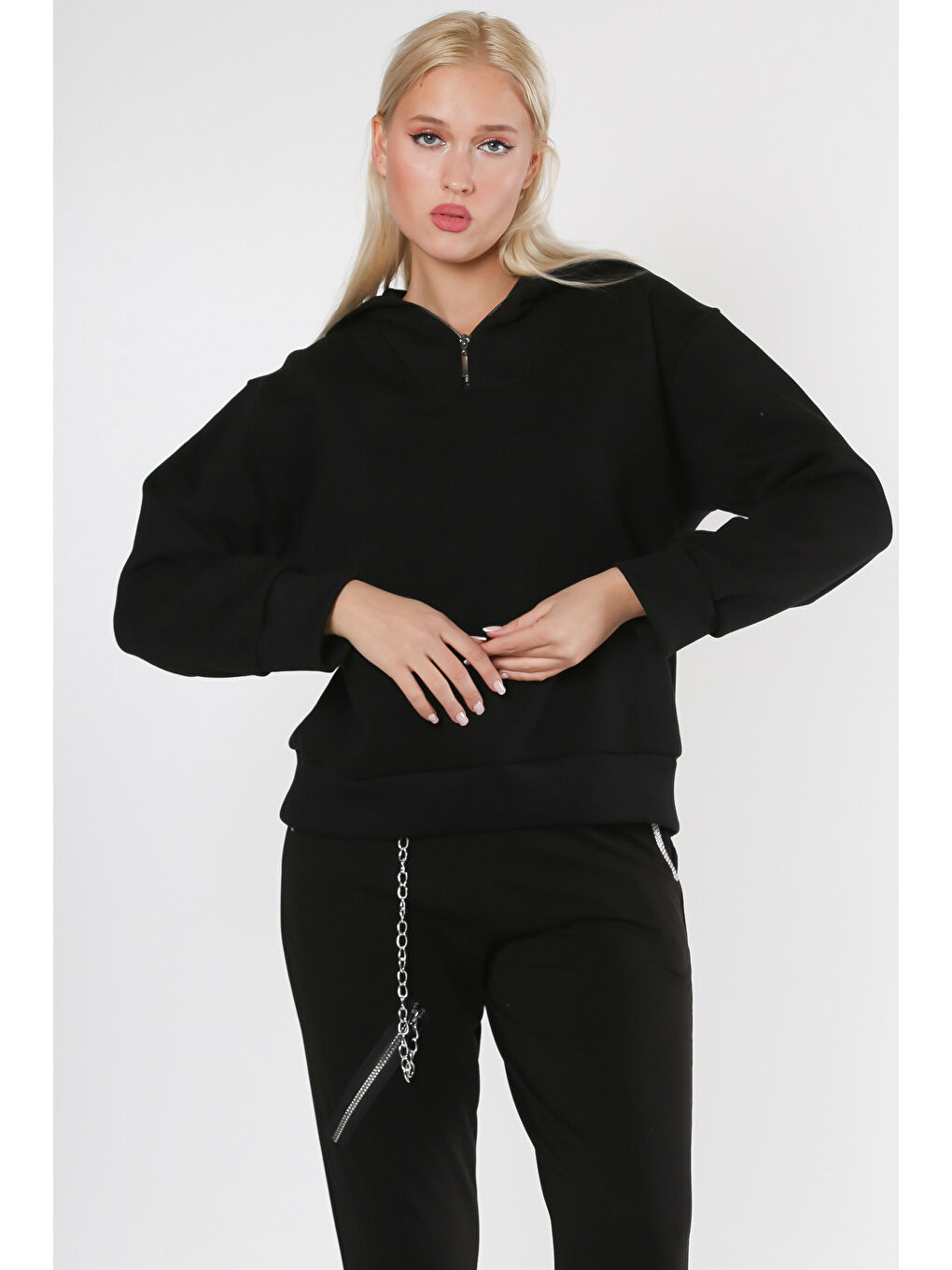 Siyah Fermuarlı Yaka Uzun Kol Örme Sweatshirt-3