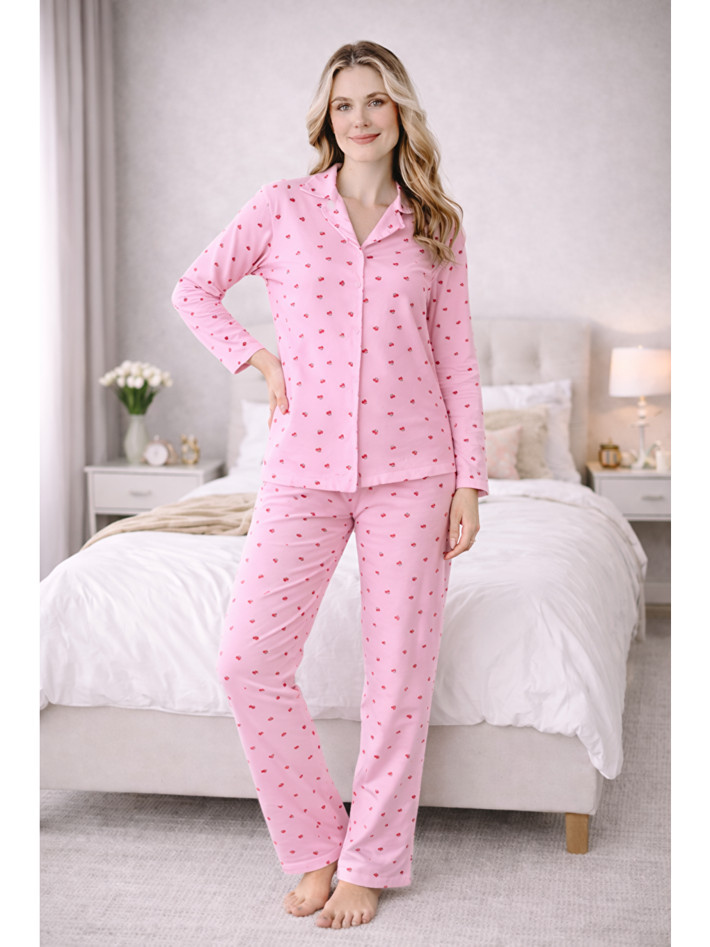 Pembe Kadın Kiraz Desenli Kaliteli Milan Kumaş Gömlek Yaka Düğmeli Yumuşak Tuşe Pijama Takımı-3