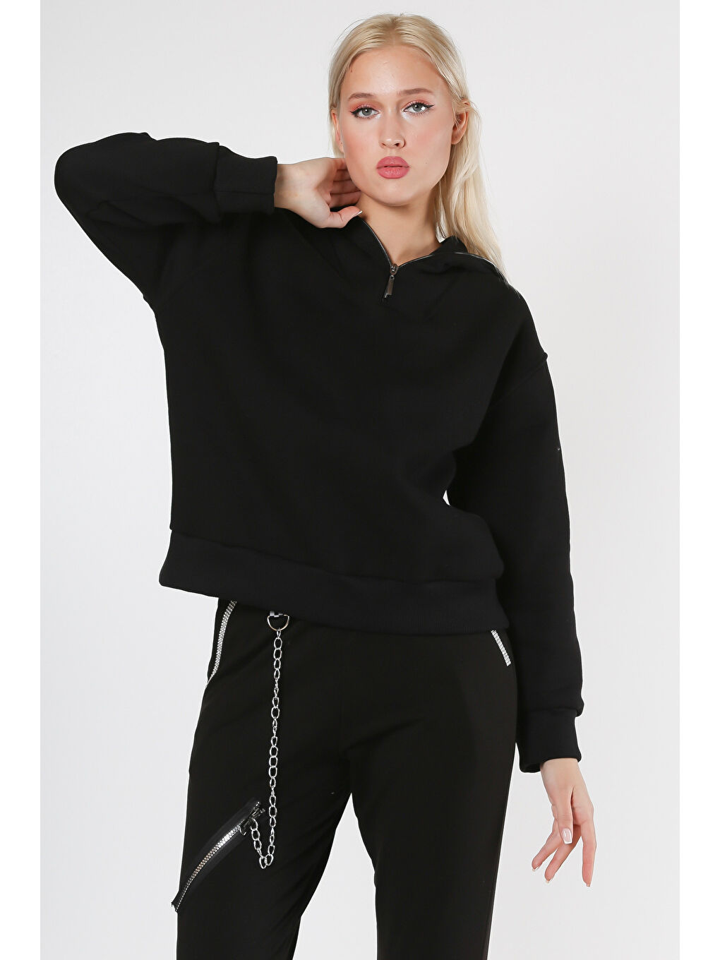 Siyah Fermuarlı Yaka Uzun Kol Örme Sweatshirt-4
