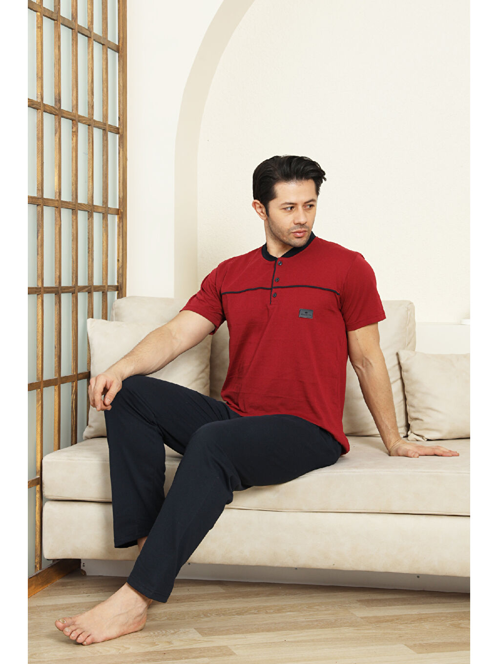 Bordo Erkek %100 Pamuk Pijama Takımı -3 Düğmeli-Robalı 12383-1