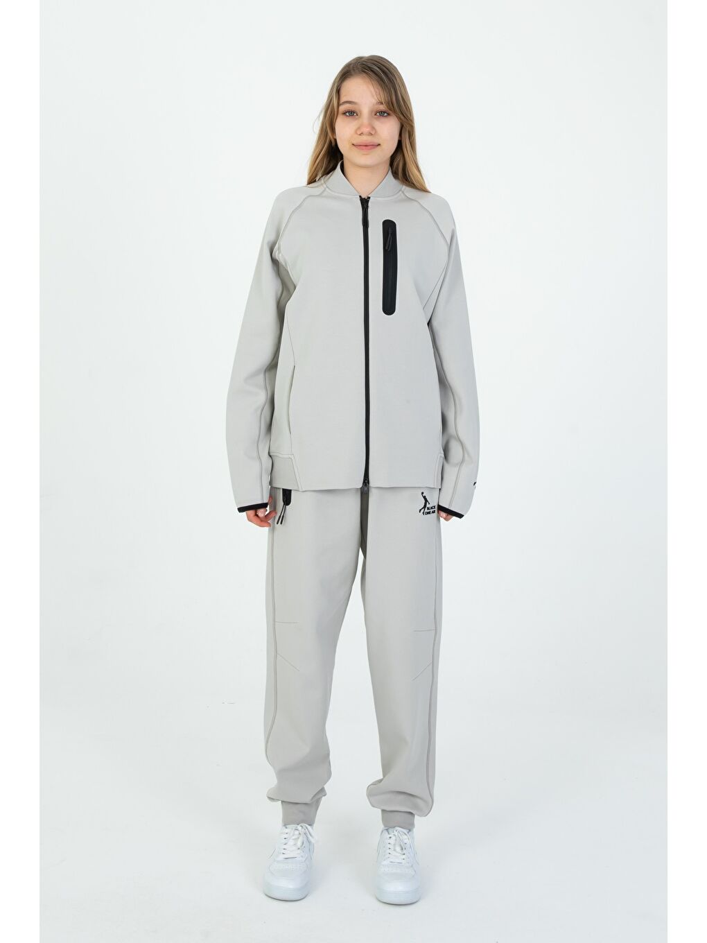 Gri Çocuk Ayarlanabilir Bel Fermuarlı Baskılı Eşofman Takım