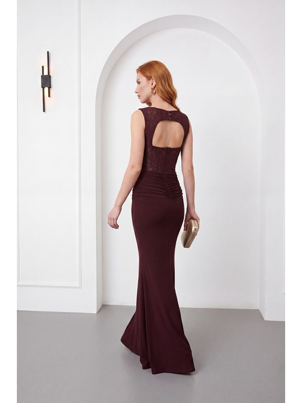 Kadın Kahverengi Dantel Detay Örme Uzun Davet Elbisesi-5