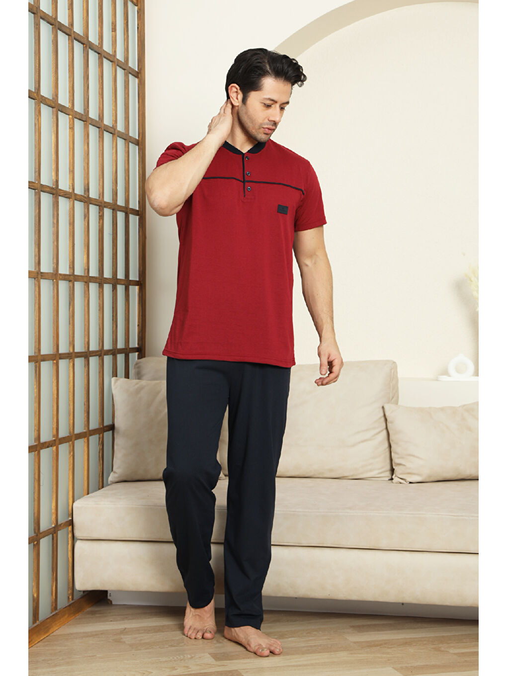 Bordo Erkek %100 Pamuk Pijama Takımı -3 Düğmeli-Robalı 12383-2