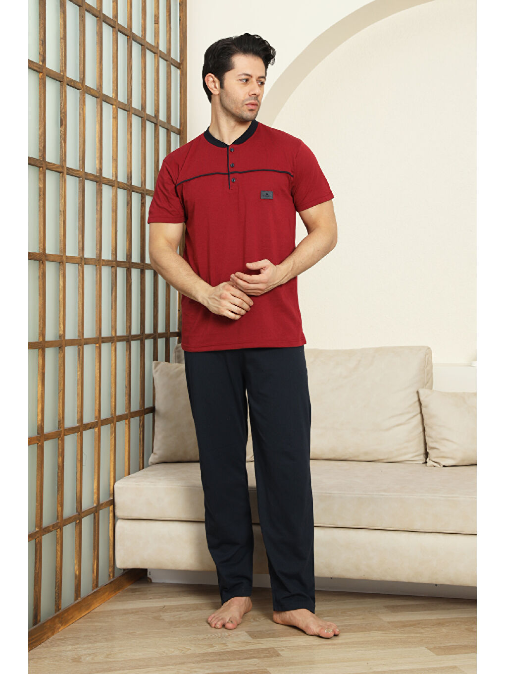 Bordo Erkek %100 Pamuk Pijama Takımı -3 Düğmeli-Robalı 12383-3