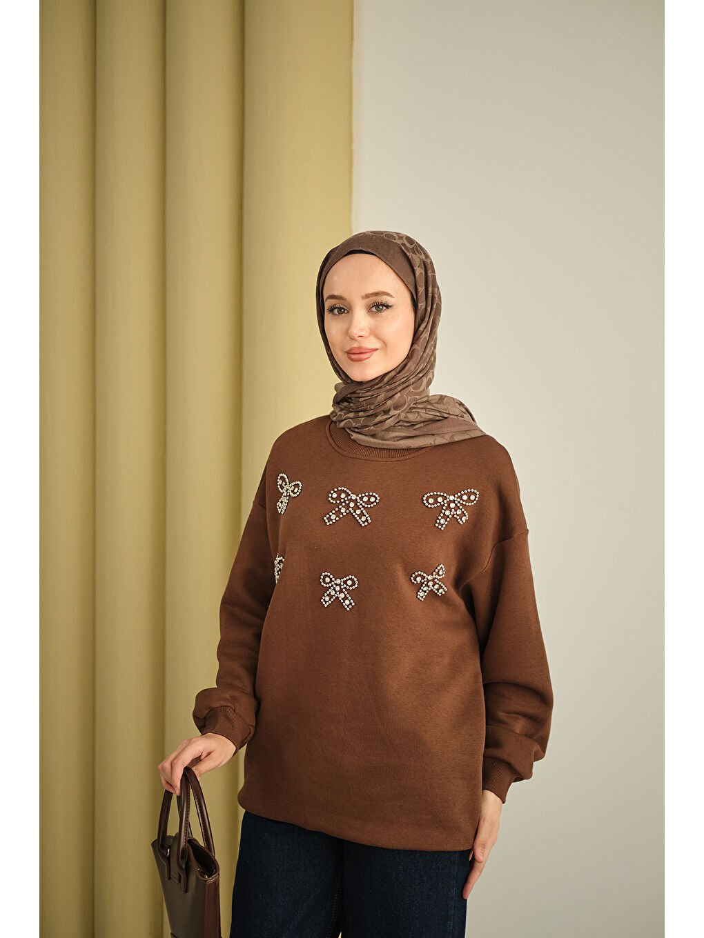 Kadın Kurdelesi Taş Detay Sweat Kahverengi-2