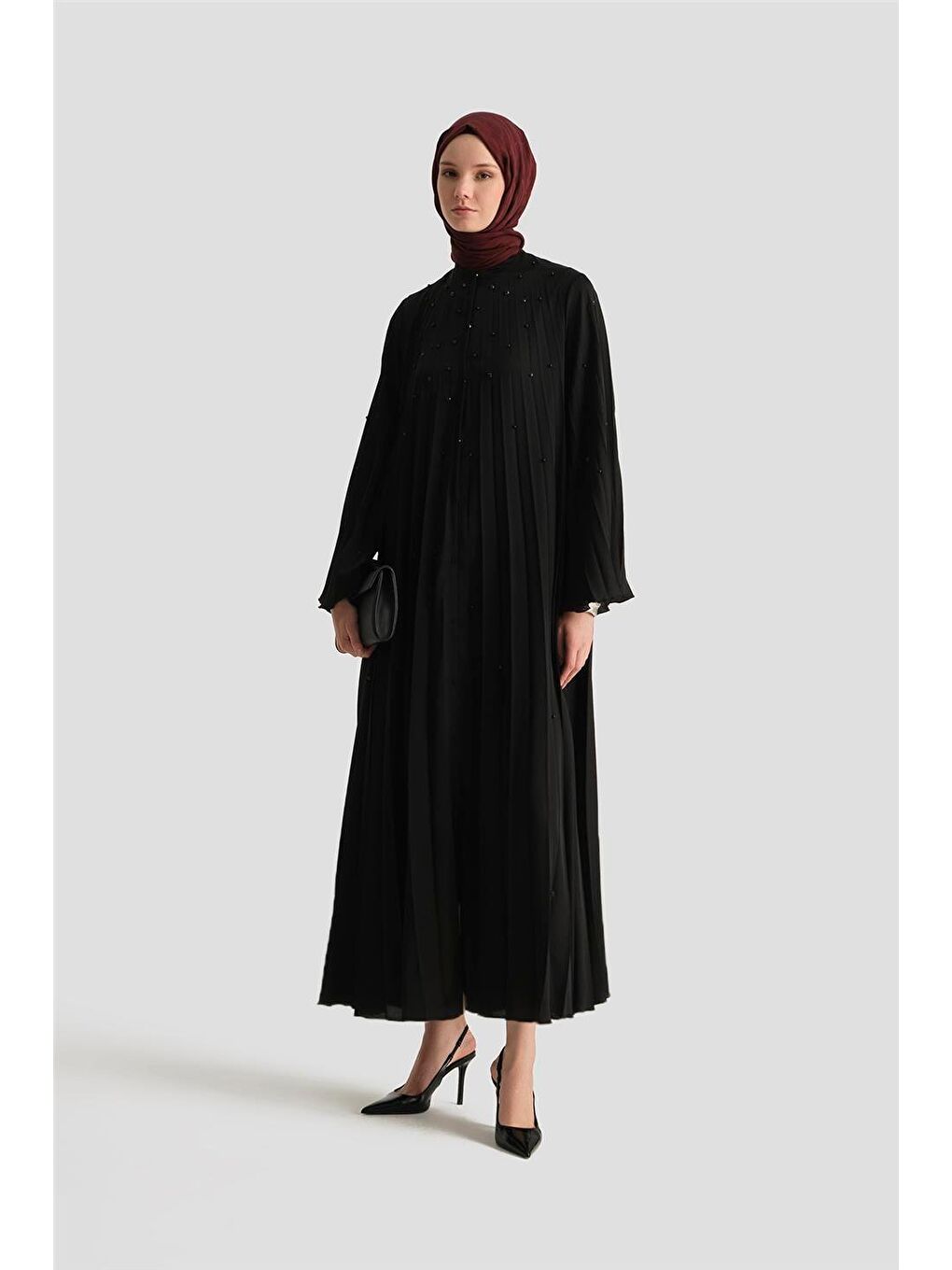 Taş İşlemeli Piliseli Abaya 25Y8302 Siyah-1