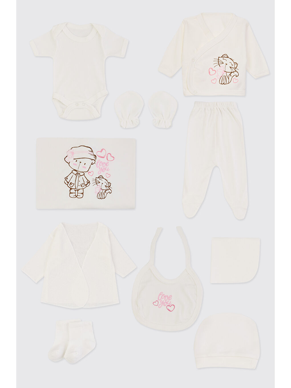 Yenidoğan Kedi Detaylı Ekru 10'lu Hastane Çıkış Seti