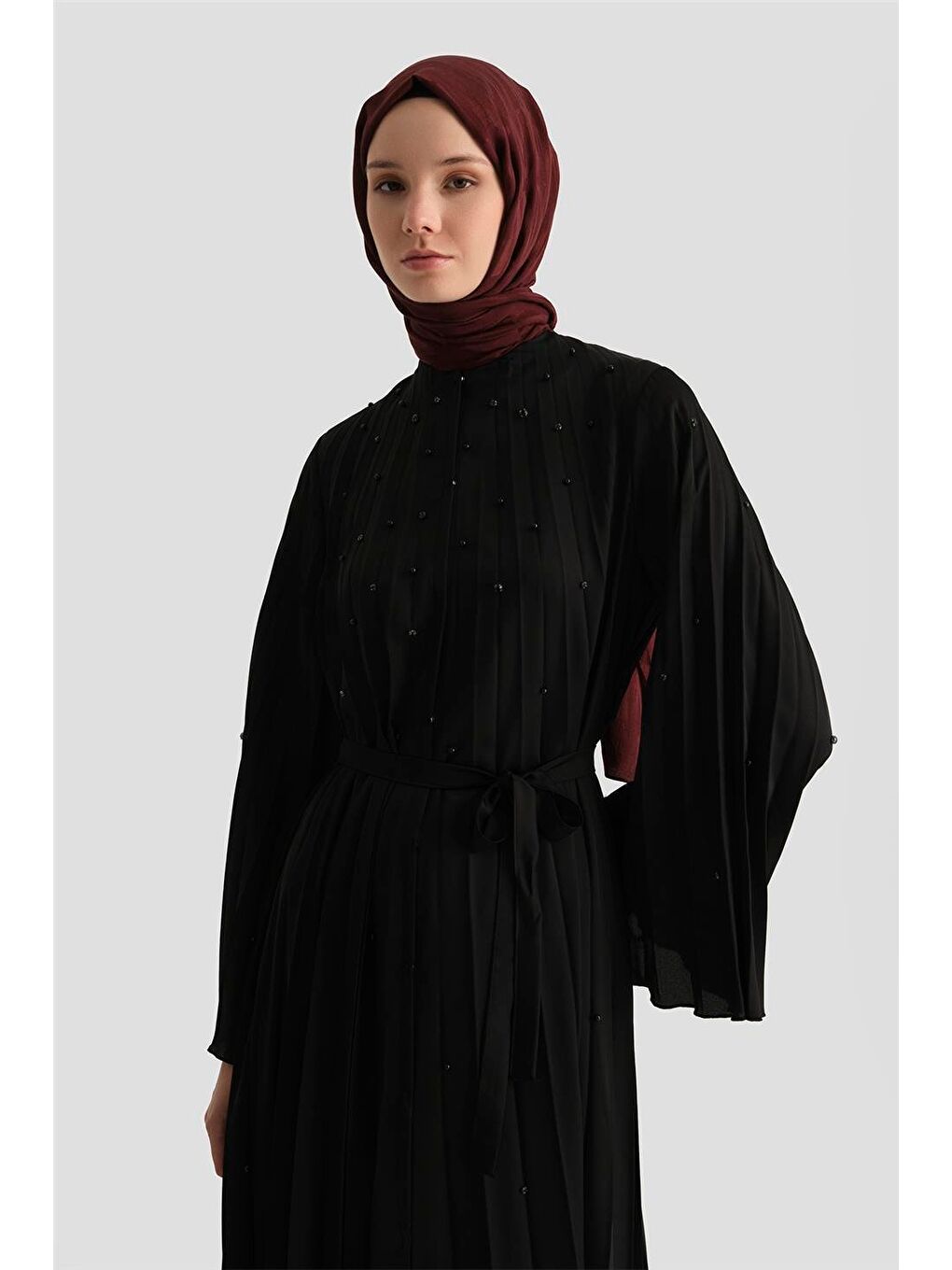 Taş İşlemeli Piliseli Abaya 25Y8302 Siyah-2