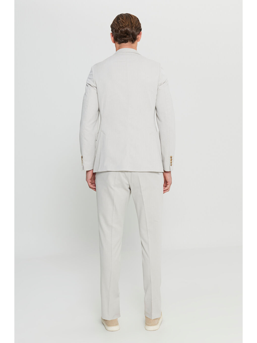 Erkek Bej Pamuklu Slim Fit Dar Kesim Mono Yaka Diagonal Desenli Kapak Cepli Takım Elbise-5