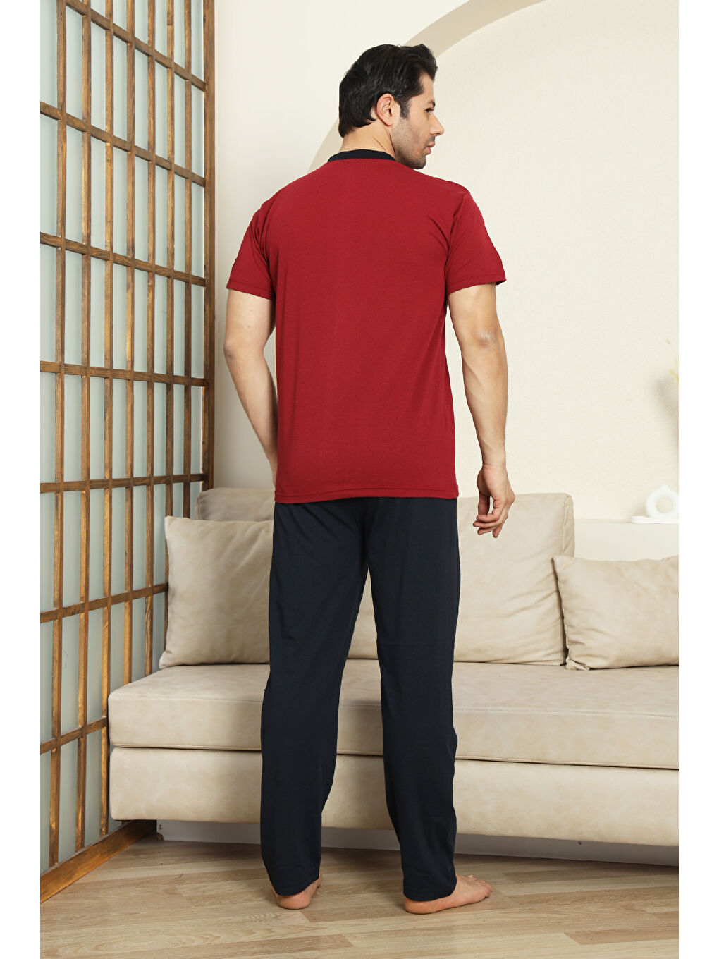 Bordo Erkek %100 Pamuk Pijama Takımı -3 Düğmeli-Robalı 12383-4