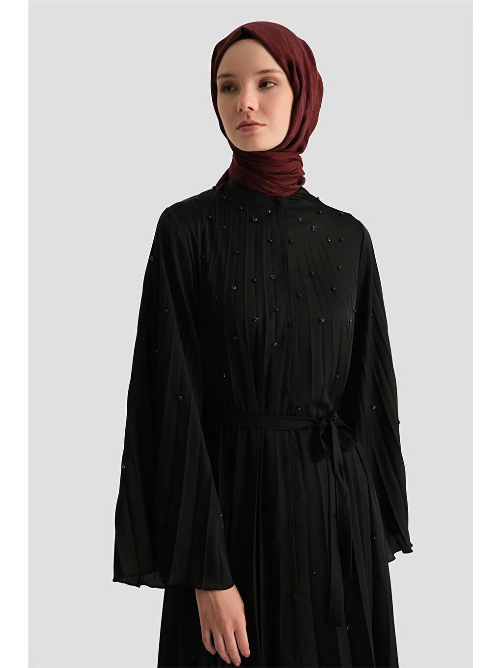 Taş İşlemeli Piliseli Abaya 25Y8302 Siyah-3