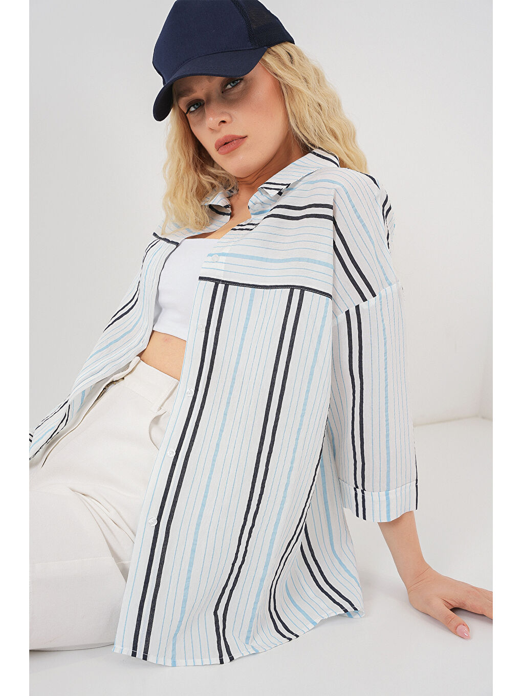 Kadın Çizgili Kısa Kol Gömlek 20344 - Açık Mavi-3