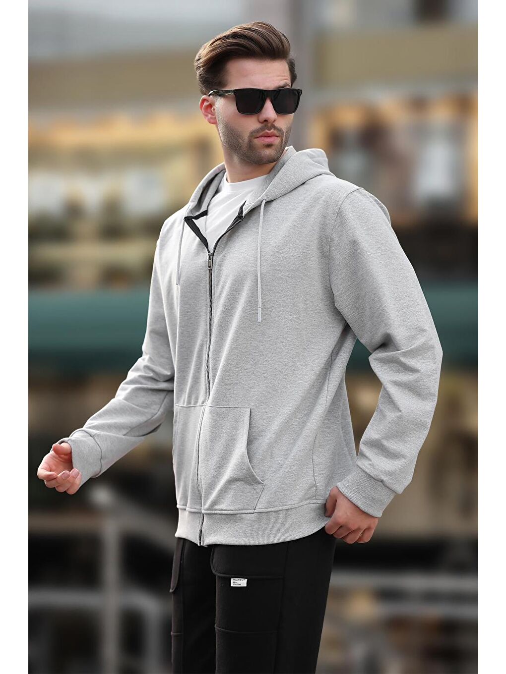 Gri Kapüşonlu Düz Fermuarlı Erkek Hırka 7070-1