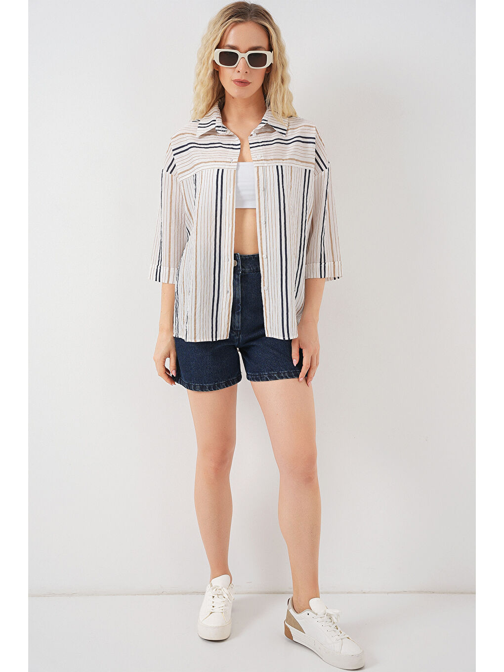 Kadın Çizgili Kısa Kol Gömlek 20344 - Bej-1