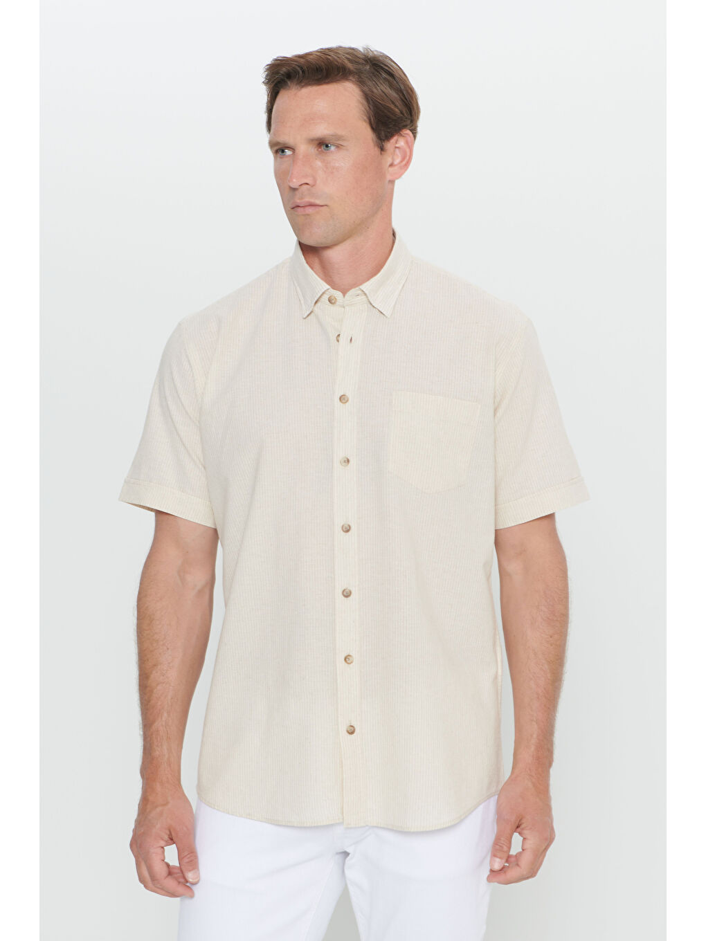 Erkek Ekru-Bej Comfort Fit Rahat Kesim %100 Pamuk Gizli Düğmeli Yaka Gömlek-3