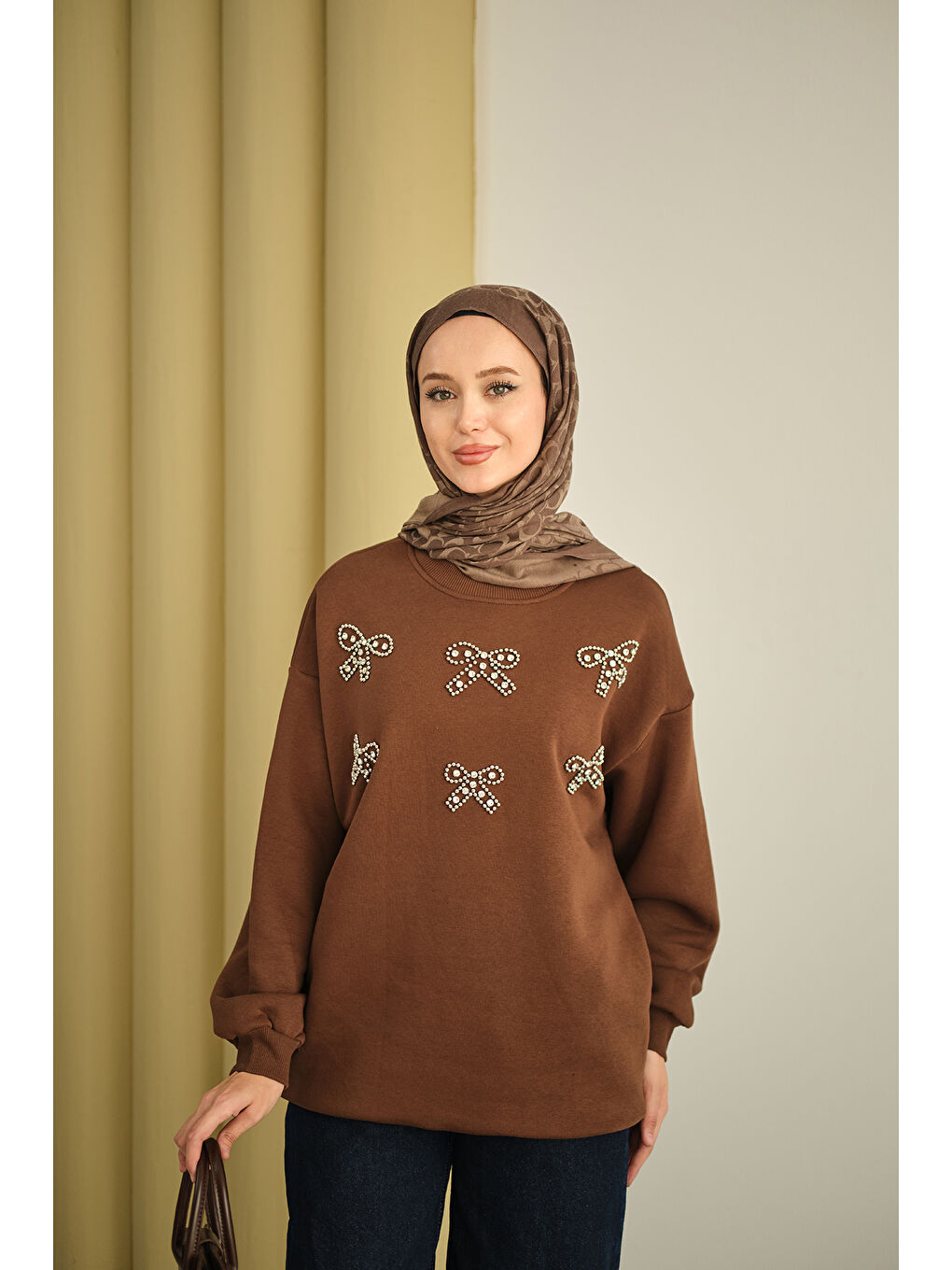 Kadın Kurdelesi Taş Detay Sweat Kahverengi-4
