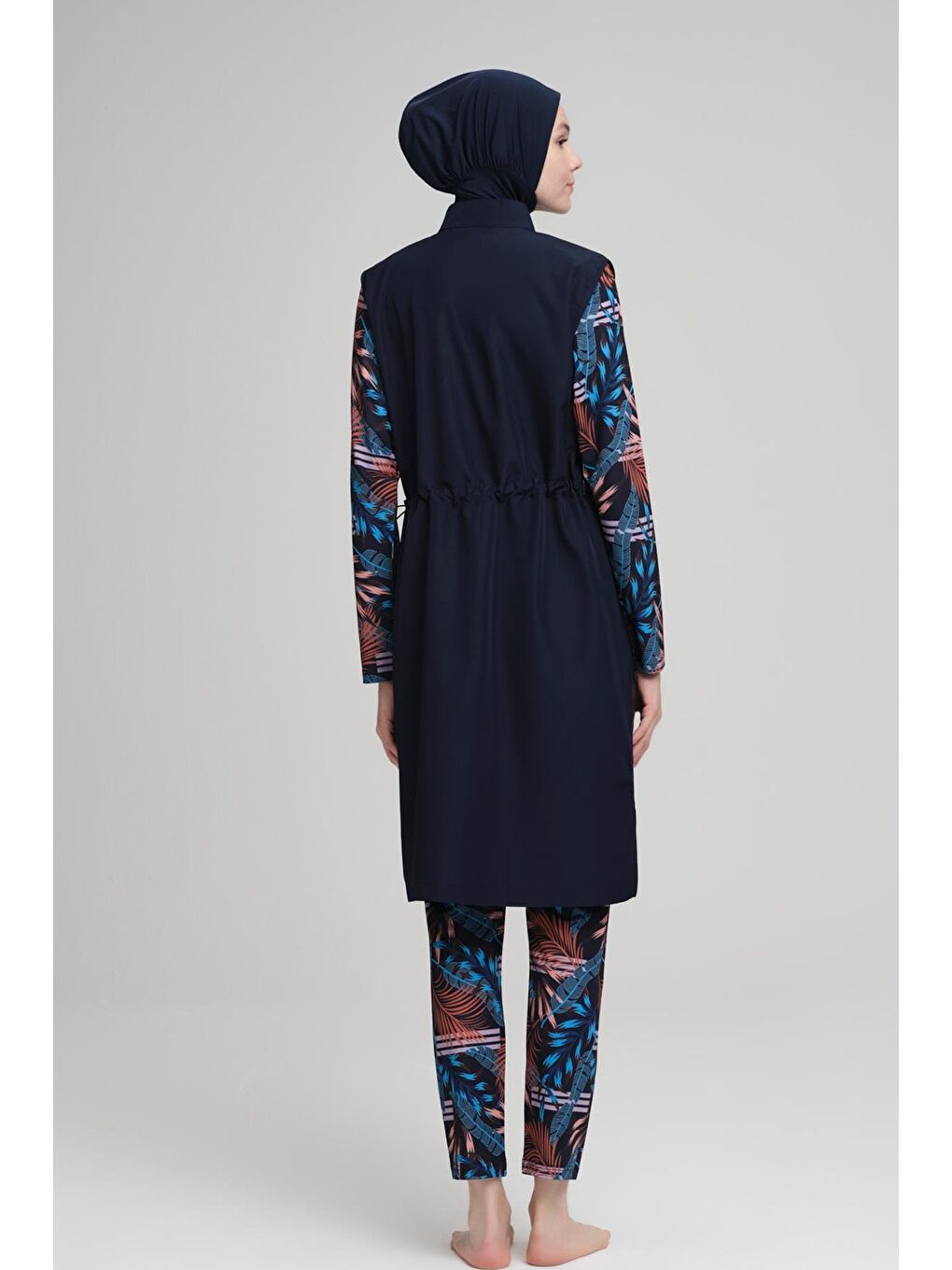 Kol Ve Taytı Desenli Lacivert Jileli 3 Parça Tam Tesettür Mayo Takımı 2230-1