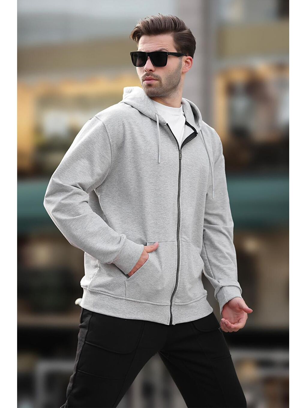 Gri Kapüşonlu Düz Fermuarlı Erkek Hırka 7070-2
