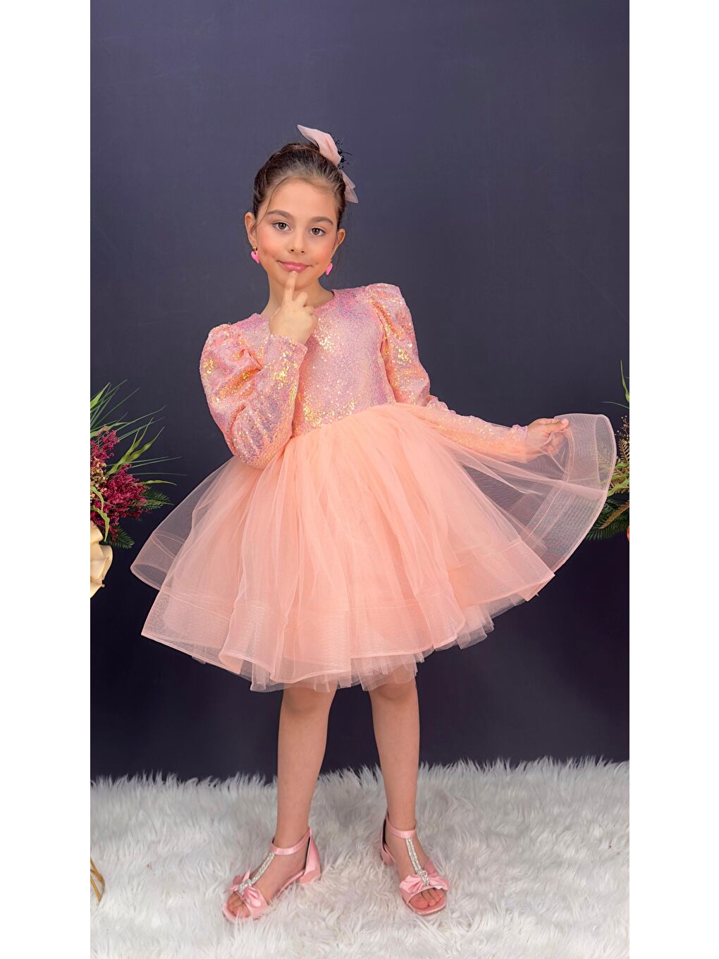 Pembe Tütü Gren Etekli Kız Çocuk Pul Payetli Uzun Kol Kikidi Elbise MNK0583