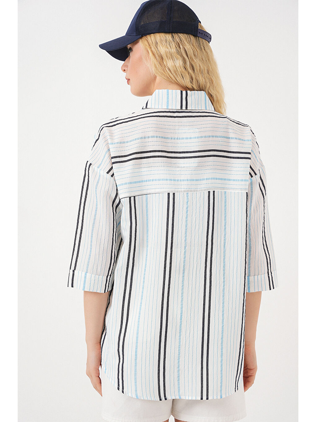 Kadın Çizgili Kısa Kol Gömlek 20344 - Açık Mavi-5