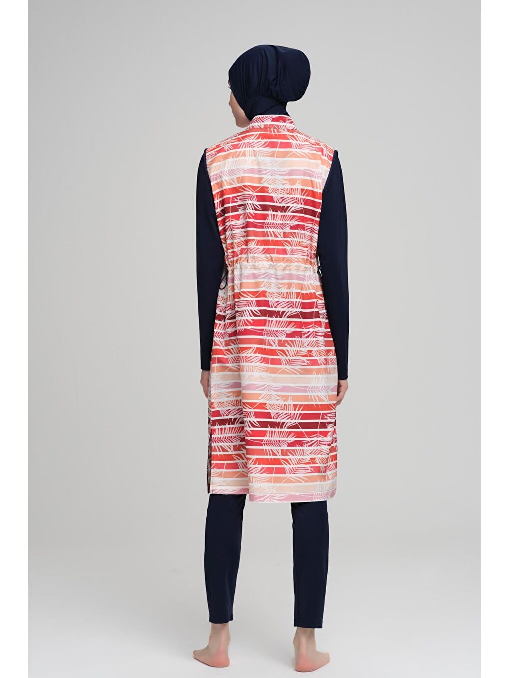 Çizgili Yaprak Desenli Lacivert Jileli 3 Parça Tam Tesettür Mayo Takımı 2242-1