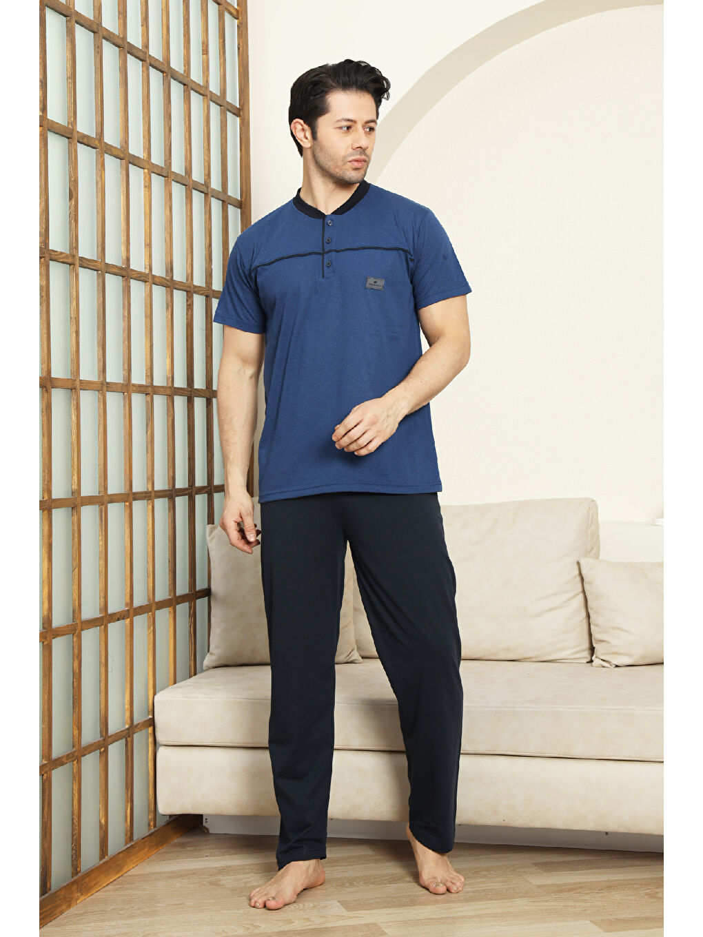 İndigo Erkek %100 Pamuk Pijama Takımı -3 Düğmeli-Robalı 12383