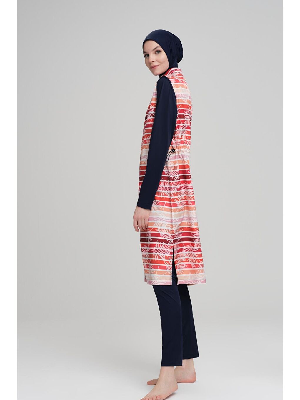Çizgili Yaprak Desenli Lacivert Jileli 3 Parça Tam Tesettür Mayo Takımı 2242-2