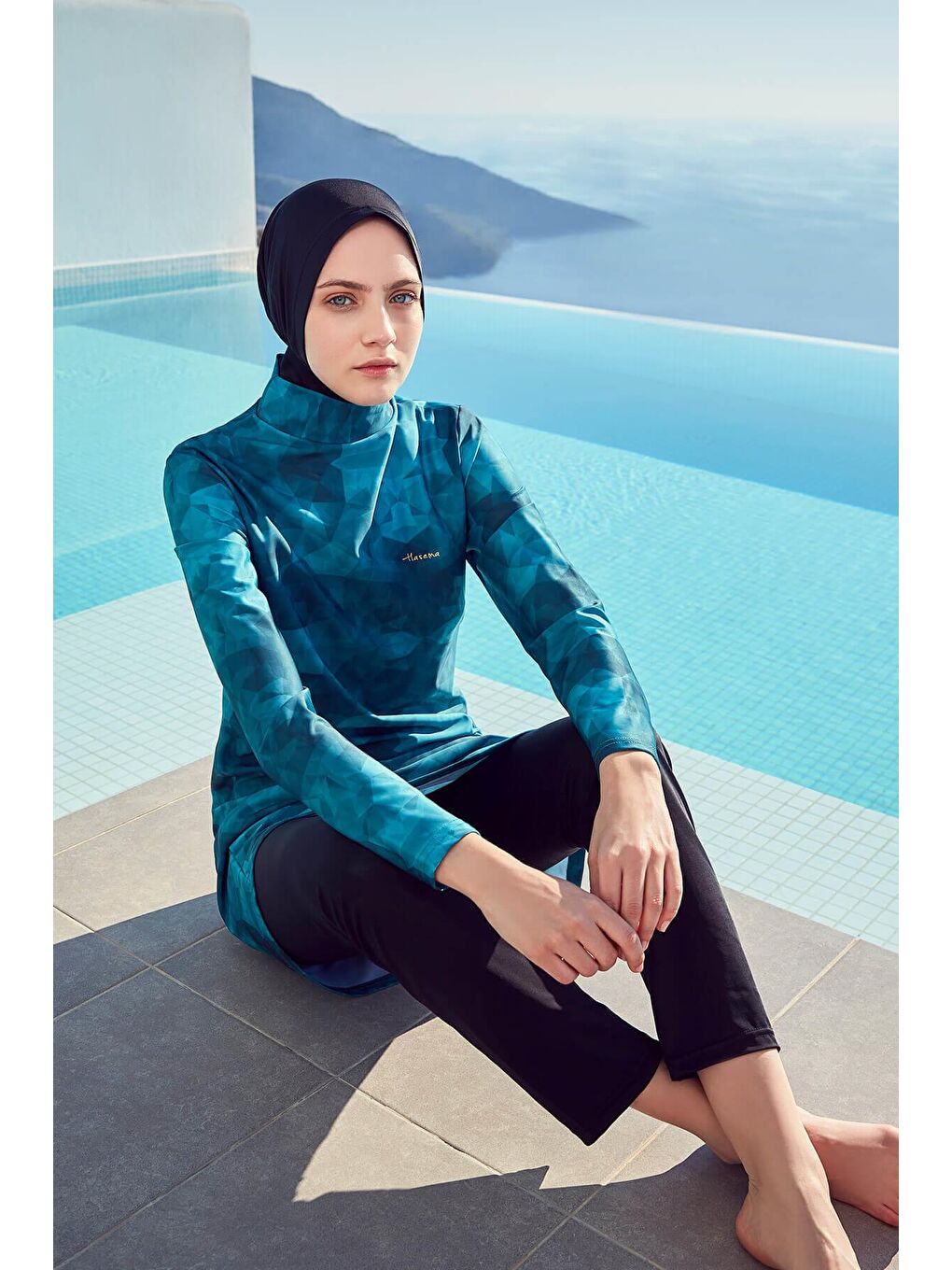 Desenli Yeşil Elastanlı 4 Parça Tam Tesettür Mayo Takımı 2933-1