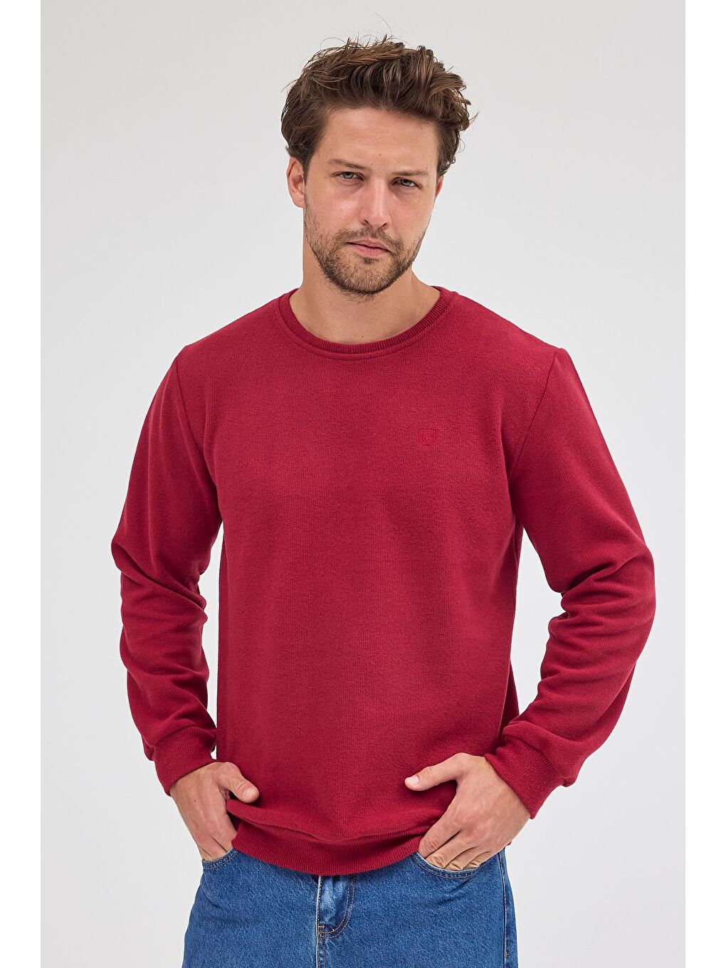 Erkek Bordo Standart Fit Normal Kesim Pamuklu Basic Bisiklet Yaka Sweatshirt MTLCE113-Bordo