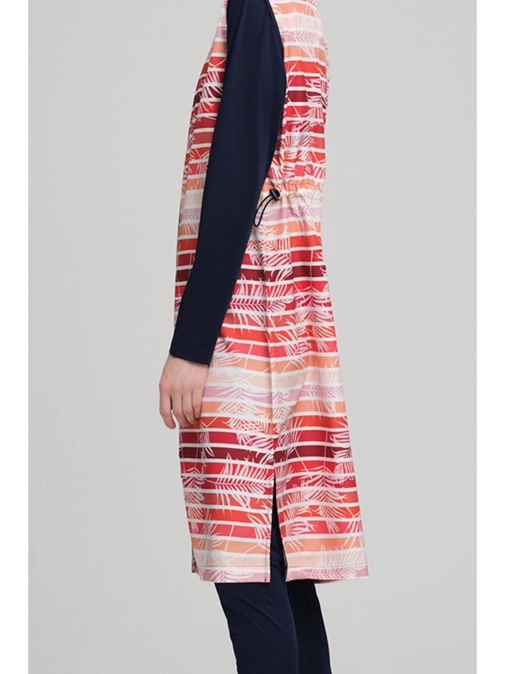 Çizgili Yaprak Desenli Lacivert Jileli 3 Parça Tam Tesettür Mayo Takımı 2242-3