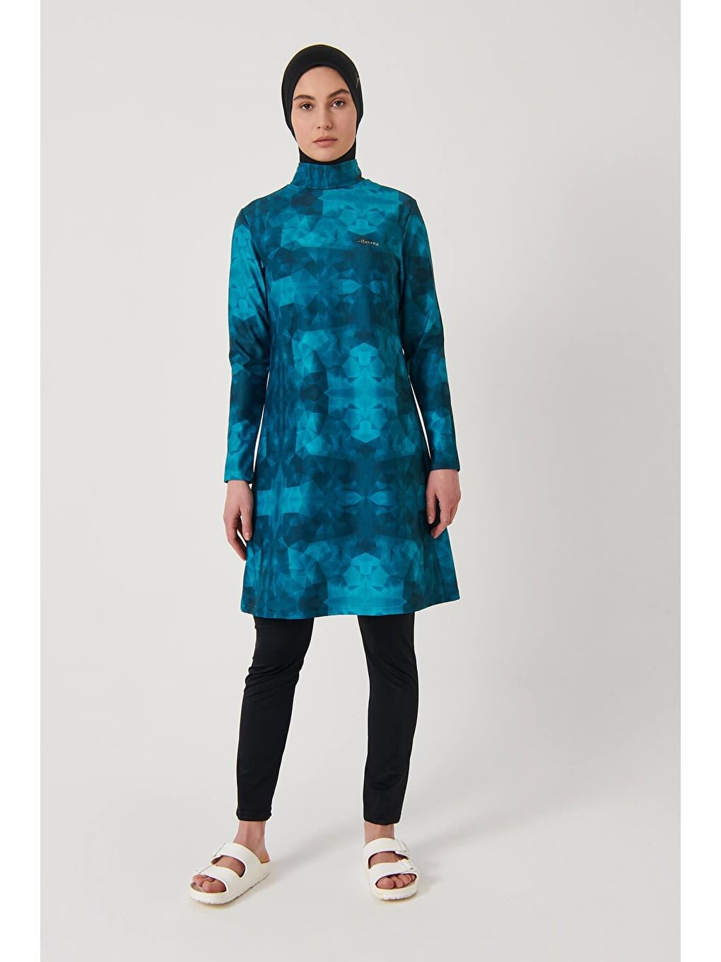 Desenli Yeşil Elastanlı 4 Parça Tam Tesettür Mayo Takımı 2933-2