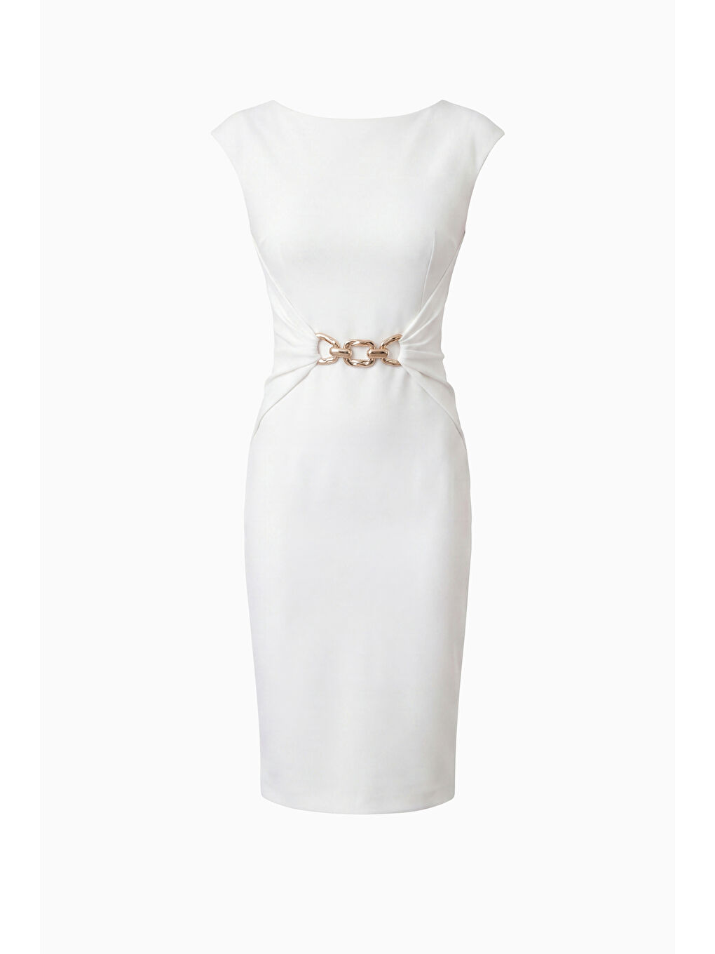 Kadın Beyaz Bisiklet Yaka Aksesuar Detay Midi Davet Elbisesi-5