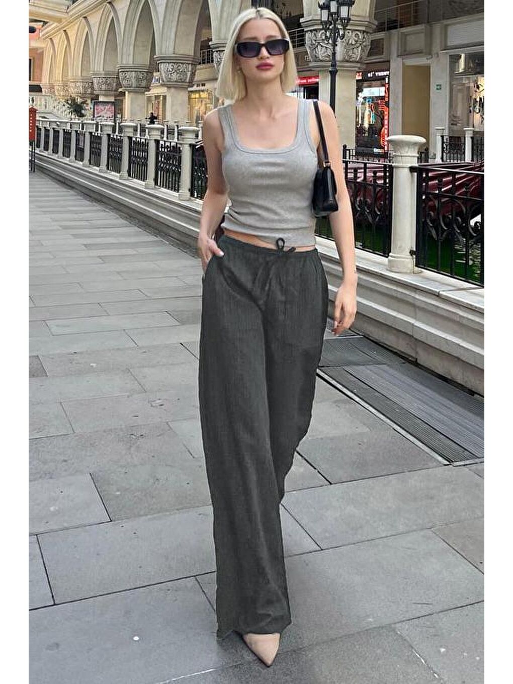 Gri Füme Cepli Bol Paça Kadın Pantolon Mg1882-1