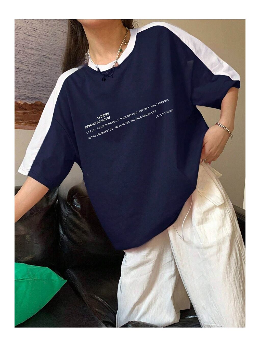 Leisure Future Parçalı Süprem T Shirt   Lacivert Beyaz Oversize Bisiklet Yaka Kısa Kol Tişört