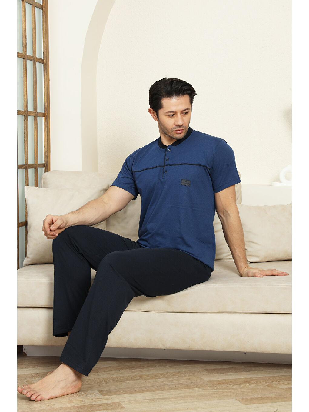 İndigo Erkek %100 Pamuk Pijama Takımı -3 Düğmeli-Robalı 12383-1