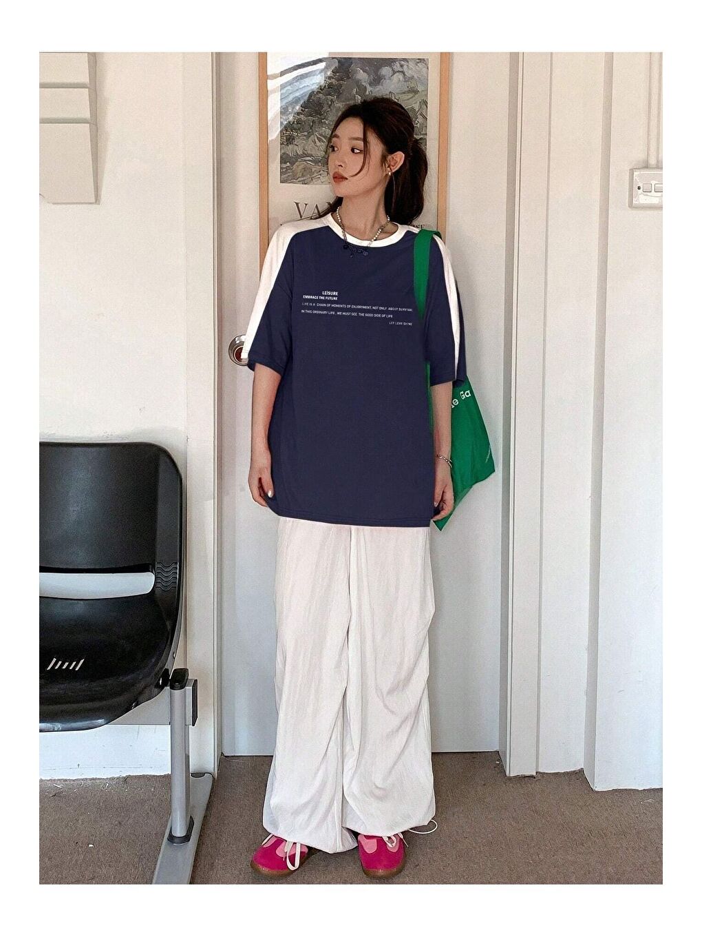 Leisure Future Parçalı Süprem T Shirt   Lacivert Beyaz Oversize Bisiklet Yaka Kısa Kol Tişört-1