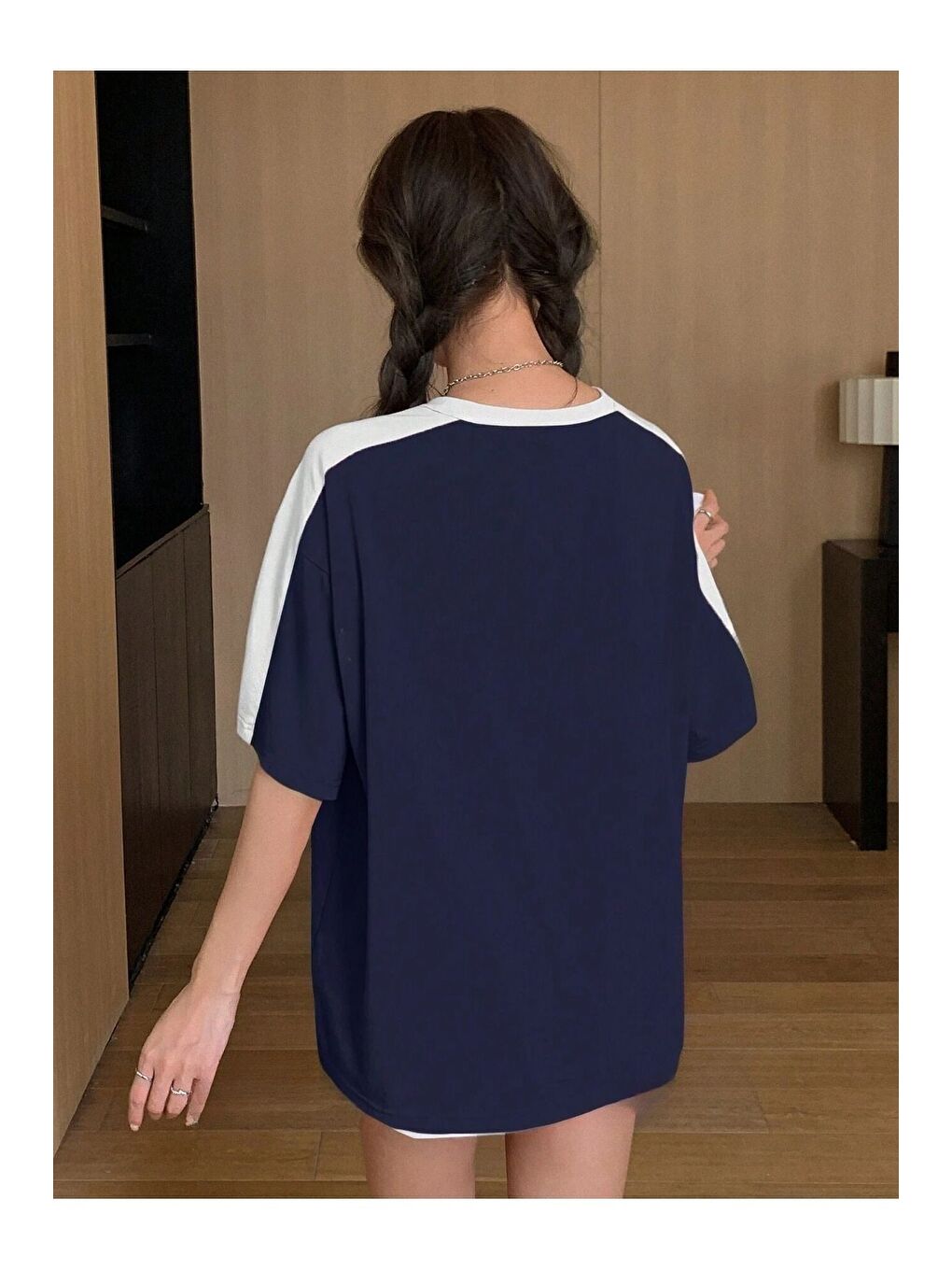 Leisure Future Parçalı Süprem T Shirt   Lacivert Beyaz Oversize Bisiklet Yaka Kısa Kol Tişört-2