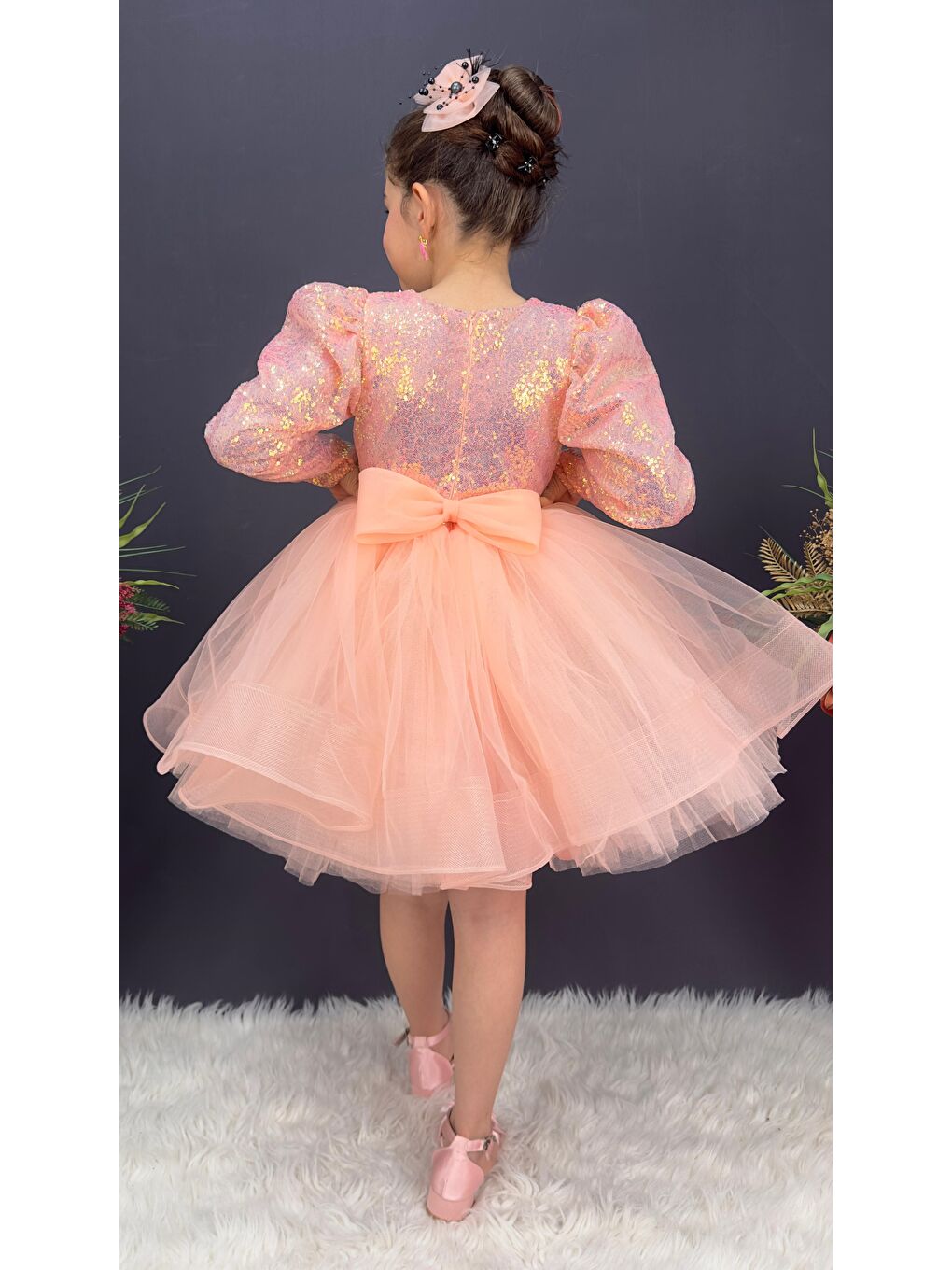 Pembe Tütü Gren Etekli Kız Çocuk Pul Payetli Uzun Kol Kikidi Elbise MNK0583-1