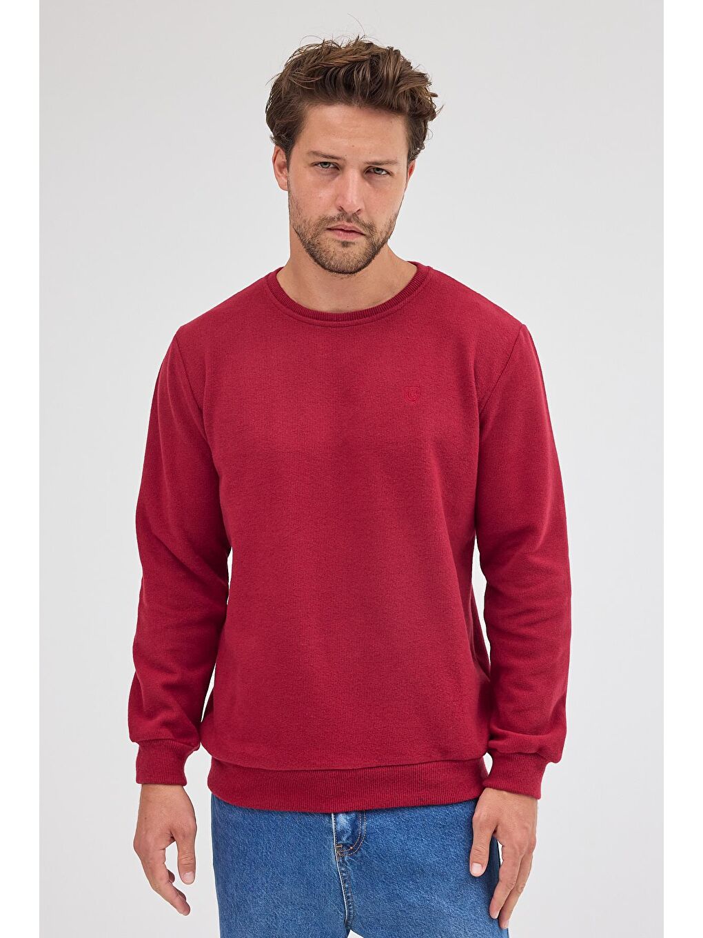 Erkek Bordo Standart Fit Normal Kesim Pamuklu Basic Bisiklet Yaka Sweatshirt MTLCE113-Bordo-1