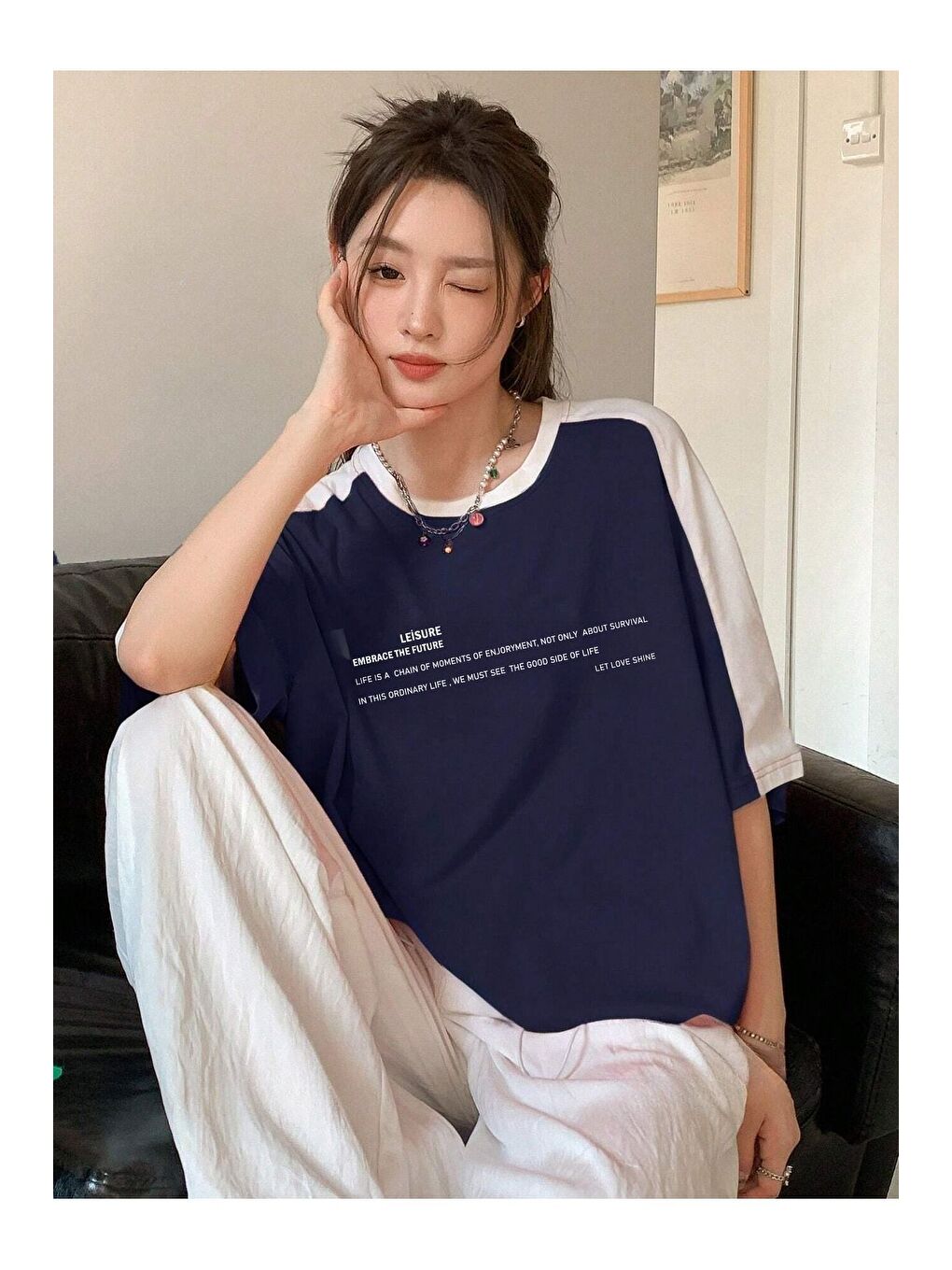 Leisure Future Parçalı Süprem T Shirt   Lacivert Beyaz Oversize Bisiklet Yaka Kısa Kol Tişört-3