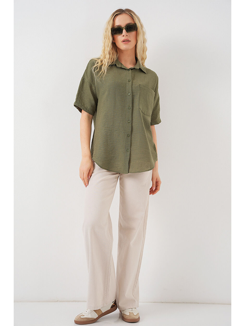 Kadın Kısa Kol Keten Görünümlü Gömlek 20336 - Haki-1