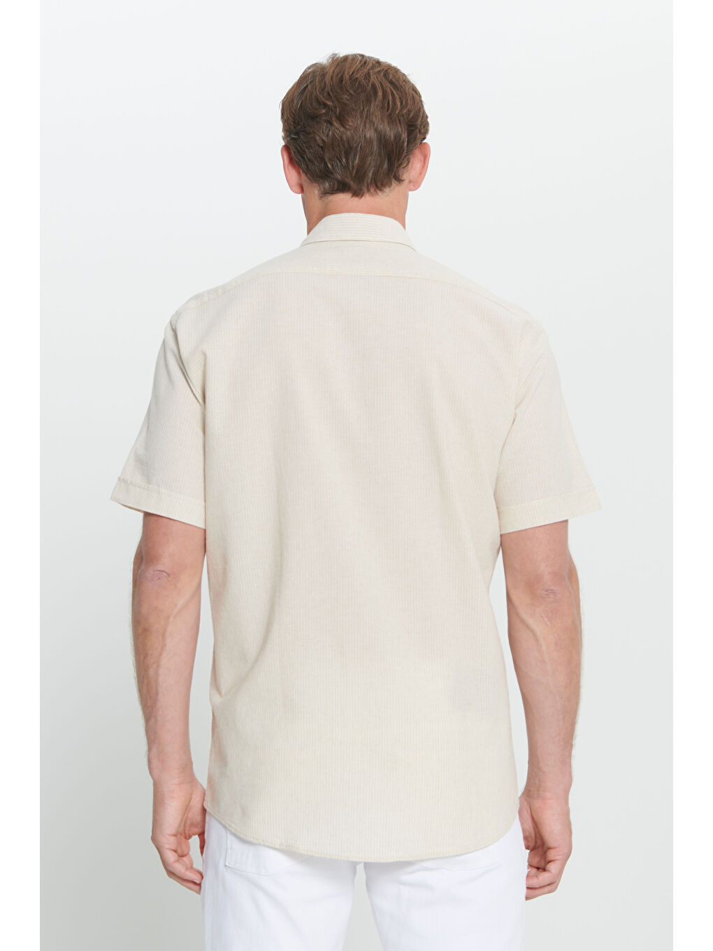 Erkek Ekru-Bej Comfort Fit Rahat Kesim %100 Pamuk Gizli Düğmeli Yaka Gömlek-5