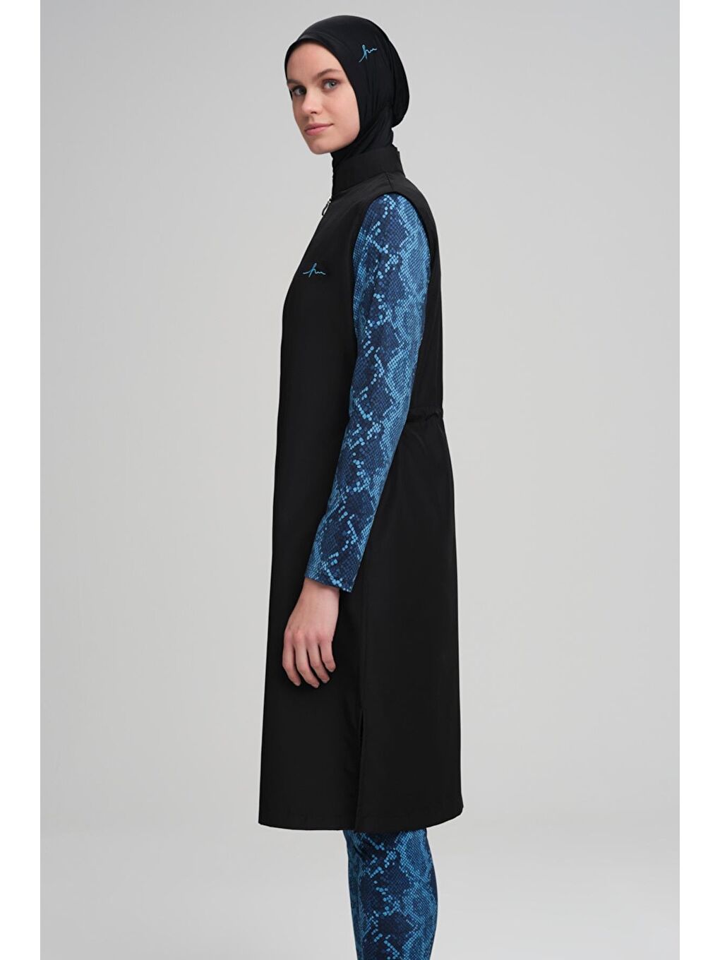 Mavi Desenli Siyah Jileli 4 Parça Tam Tesettür Mayo Takımı 3019-5