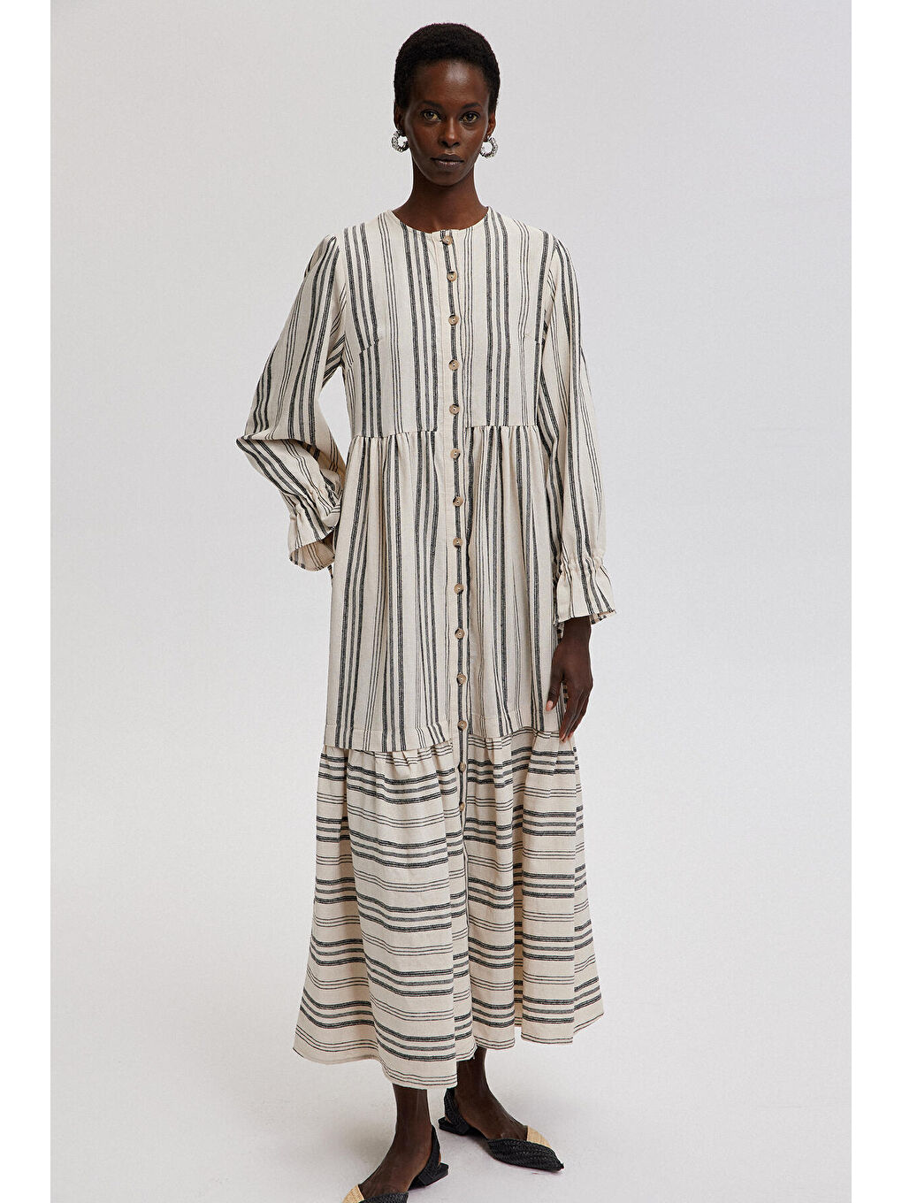 Bej Naturel Dokulu Çizgili Elbise-2