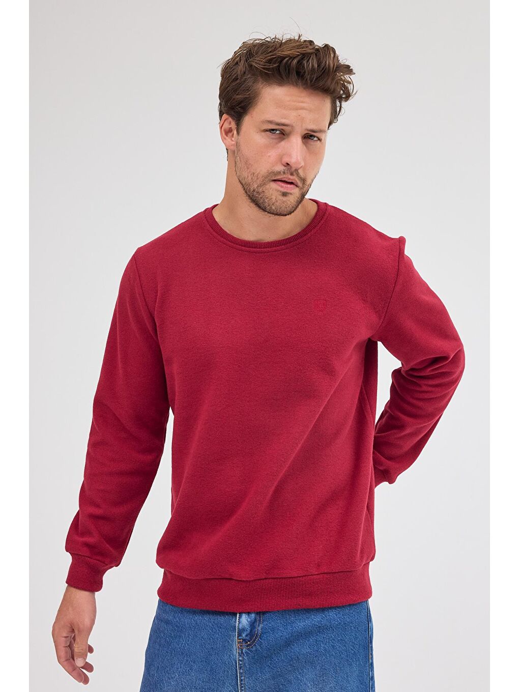Erkek Bordo Standart Fit Normal Kesim Pamuklu Basic Bisiklet Yaka Sweatshirt MTLCE113-Bordo-2